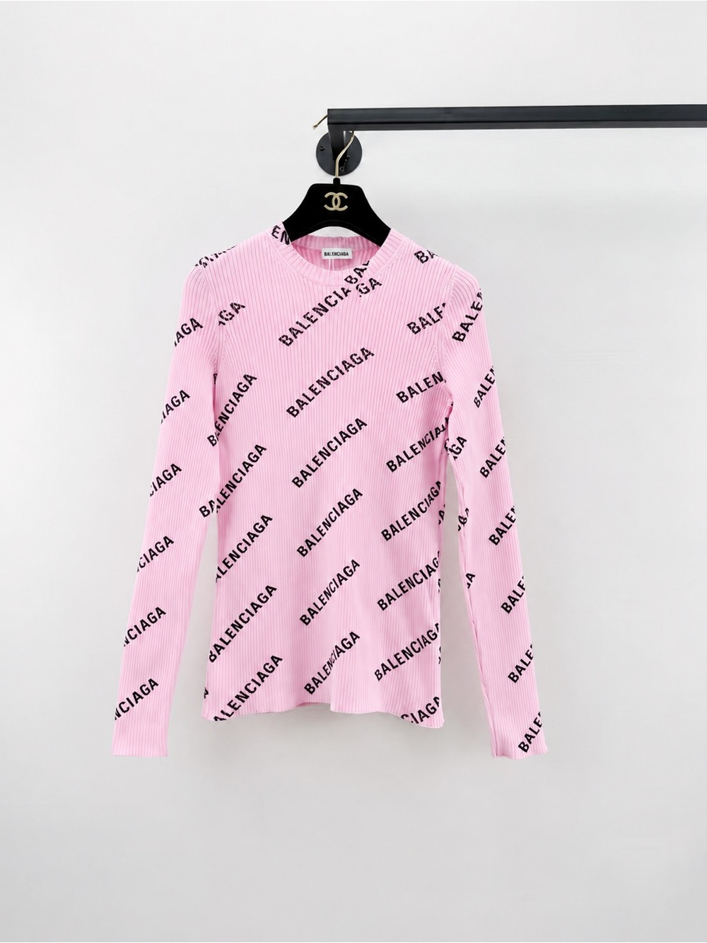 Balenciaga Pink Allover Logo Ribbed Long-Sleeve Top